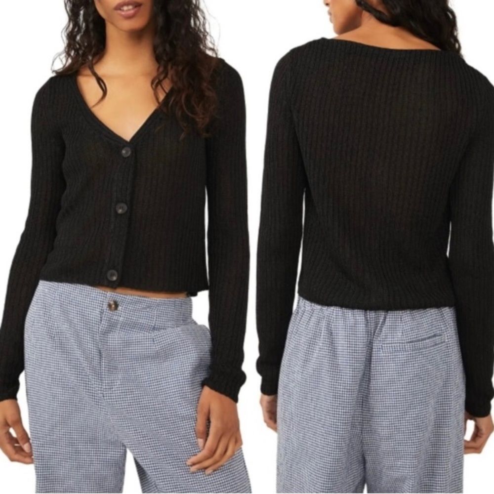 Free People Black Ribbed Button-Front Cardigan